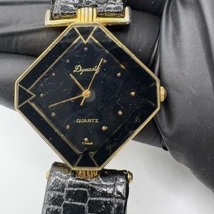 Dynasty Quartz Black & Gold Diamond-Shaped Watch